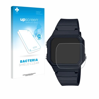 Face avant d’un emballage produit avec le logo de la marque upscreen. À côté, l’appareil Casio Unisex F-91W est représenté ave