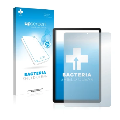 Face avant d’un emballage produit avec le logo de la marque upscreen. À côté, l’appareil Samsung Galaxy Tab S5e LTE 2019 est r