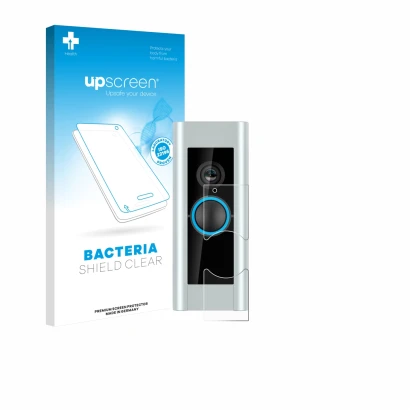 Face avant d’un emballage produit avec le logo de la marque upscreen. À côté, l’appareil Ring Video Doorbell Pro (Version 2) e