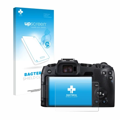 Face avant d’un emballage produit avec le logo de la marque upscreen. À côté, l’appareil Canon EOS RP est représenté avec la p