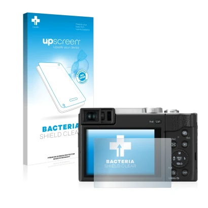 Face avant d’un emballage produit avec le logo de la marque upscreen. À côté, l’appareil Panasonic Lumix DC-TZ96 est représent
