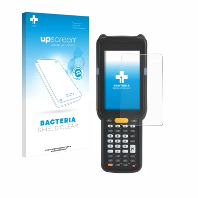 Face avant d’un emballage produit avec le logo de la marque upscreen. À côté, l’appareil Zebra MC330 est représenté avec la pr
