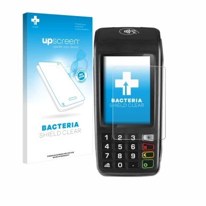 Face avant d’un emballage produit avec le logo de la marque upscreen. À côté, l’appareil ingenico Move/5000 est représenté ave