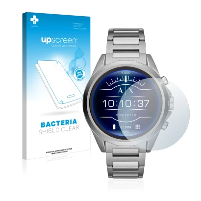 Face avant d’un emballage produit avec le logo de la marque upscreen. À côté, l’appareil Emporio Armani Connected Exchange AXT