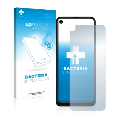Face avant d’un emballage produit avec le logo de la marque upscreen. À côté, l’appareil Motorola One Vision est représenté av