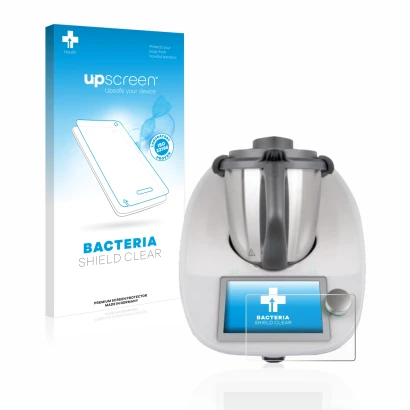 Face avant d’un emballage produit avec le logo de la marque upscreen. À côté, l’appareil Vorwerk Bimby TM6 est représenté avec