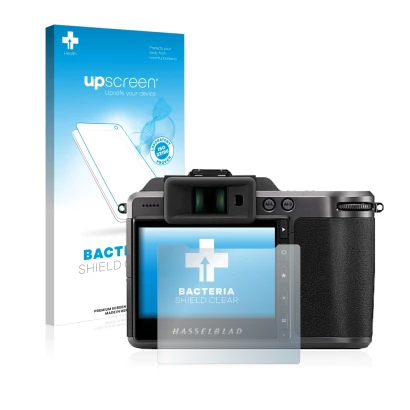 Face avant d’un emballage produit avec le logo de la marque upscreen. À côté, l’appareil Hasselblad X1D II 50C est représenté 