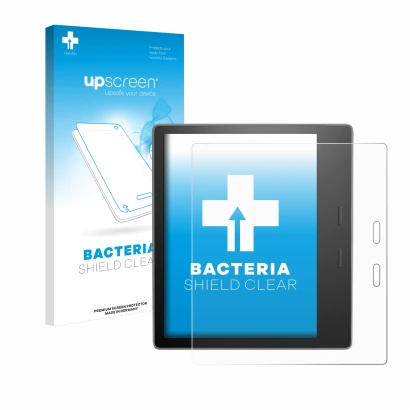 Face avant d’un emballage produit avec le logo de la marque upscreen. À côté, l’appareil Amazon Kindle Oasis 2019 (10ème Gen.)