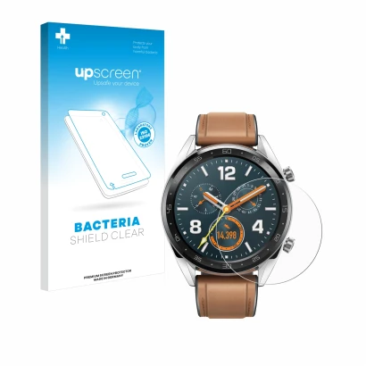 Face avant d’un emballage produit avec le logo de la marque upscreen. À côté, l’appareil Huawei Watch GT Classic est représent