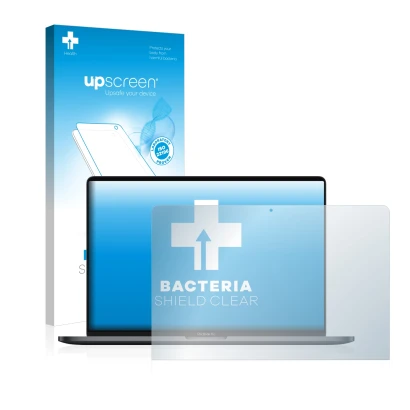 Face avant d’un emballage produit avec le logo de la marque upscreen. À côté, l’appareil Apple MacBook Pro 13" 2019 est représ