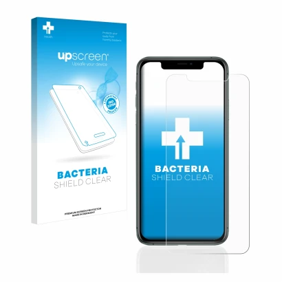 Face avant d’un emballage produit avec le logo de la marque upscreen. À côté, l’appareil Apple iPhone 11 Pro Max est représent