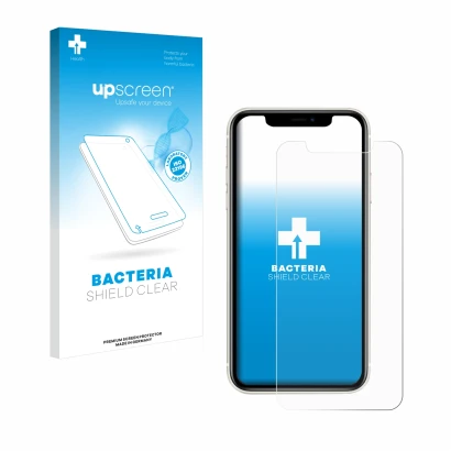 Face avant d’un emballage produit avec le logo de la marque upscreen. À côté, l’appareil Apple iPhone 11 est représenté avec l