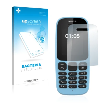 Face avant d’un emballage produit avec le logo de la marque upscreen. À côté, l’appareil Nokia 105 2019 est représenté avec la