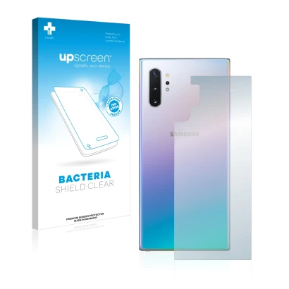 Face avant d’un emballage produit avec le logo de la marque upscreen. À côté, l’appareil Samsung Galaxy Note 10 Plus (Arrière)