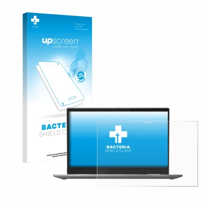 Face avant d’un emballage produit avec le logo de la marque upscreen. À côté, l’appareil Lenovo ThinkPad X1 Yoga (4ème Gen.) e