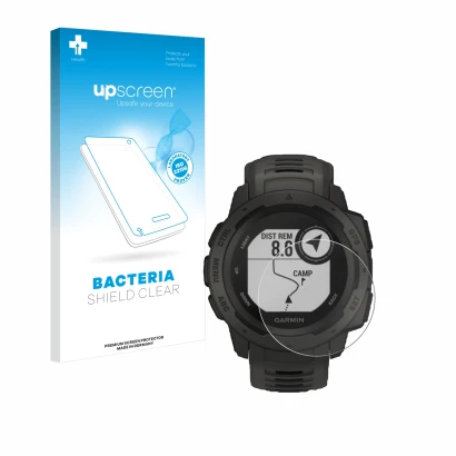 Face avant d’un emballage produit avec le logo de la marque upscreen. À côté, l’appareil Garmin Instinct Tactical Edition est 