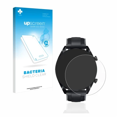 Face avant d’un emballage produit avec le logo de la marque upscreen. À côté, l’appareil Huawei Watch GT 2 (46 mm) est représe