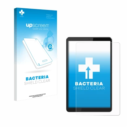 Face avant d’un emballage produit avec le logo de la marque upscreen. À côté, l’appareil Lenovo Tab M8 est représenté avec la 