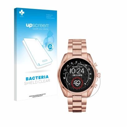 Face avant d’un emballage produit avec le logo de la marque upscreen. À côté, l’appareil Michael Kors Access Bradshaw 2 est re