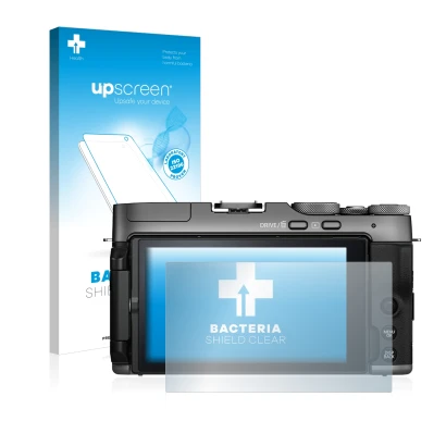 Face avant d’un emballage produit avec le logo de la marque upscreen. À côté, l’appareil Fujifilm X-A7 est représenté avec la 