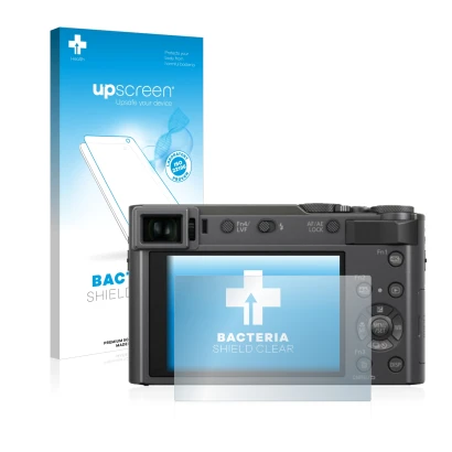Face avant d’un emballage produit avec le logo de la marque upscreen. À côté, l’appareil Panasonic Lumix DC-TZ200 est représen