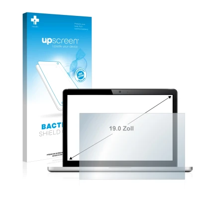 Face avant d’un emballage produit avec le logo de la marque upscreen. À côté, l’appareil est représenté avec la protection d’é