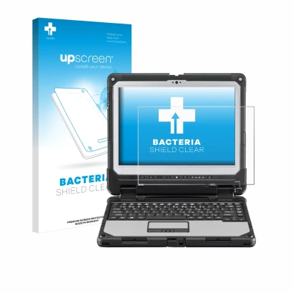 Face avant d’un emballage produit avec le logo de la marque upscreen. À côté, l’appareil Panasonic Toughbook CF-33 est représe