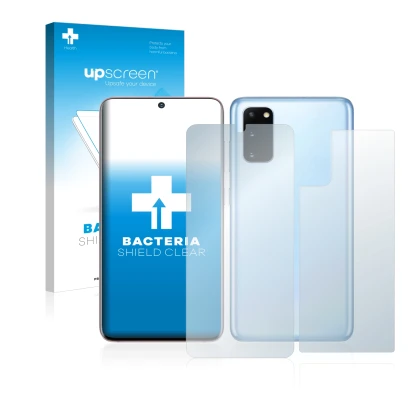 Face avant d’un emballage produit avec le logo de la marque upscreen. À côté, l’appareil Samsung Galaxy S20 (Avant+Arrière) es