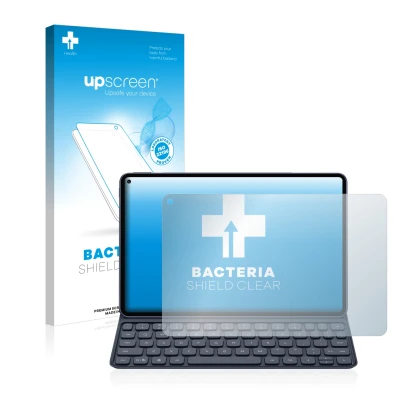 Face avant d’un emballage produit avec le logo de la marque upscreen. À côté, l’appareil Huawei MatePad Pro (2019) est représe