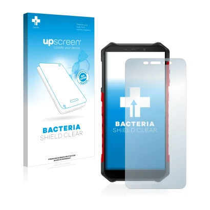 Face avant d’un emballage produit avec le logo de la marque upscreen. À côté, l’appareil Ulefone Armor X5 est représenté avec 