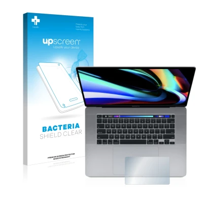 Face avant d’un emballage produit avec le logo de la marque upscreen. À côté, l’appareil Apple MacBook Pro 16" 2019 (Touch Tra