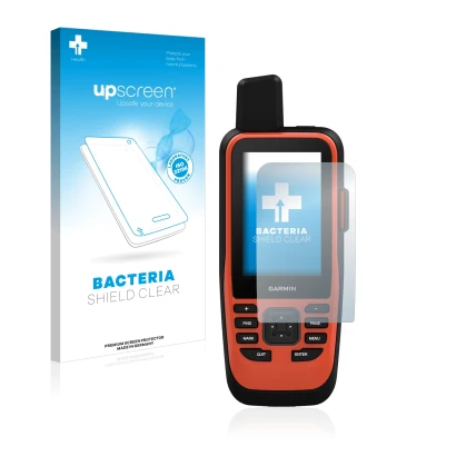 Face avant d’un emballage produit avec le logo de la marque upscreen. À côté, l’appareil Garmin GPSMAP 86i est représenté avec