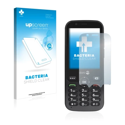 Face avant d’un emballage produit avec le logo de la marque upscreen. À côté, l’appareil Doro 7010 est représenté avec la prot