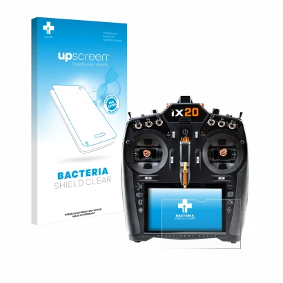 Face avant d’un emballage produit avec le logo de la marque upscreen. À côté, l’appareil Spektrum iX20 est représenté avec la