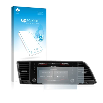 Face avant d’un emballage produit avec le logo de la marque upscreen. À côté, l’appareil Seat Ateca 2020 Media System 6.5" est