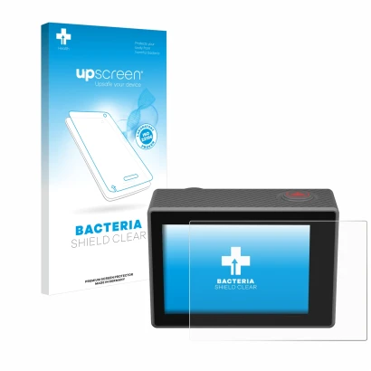 Face avant d’un emballage produit avec le logo de la marque upscreen. À côté, l’appareil Akaso V50 Elite est représenté avec l