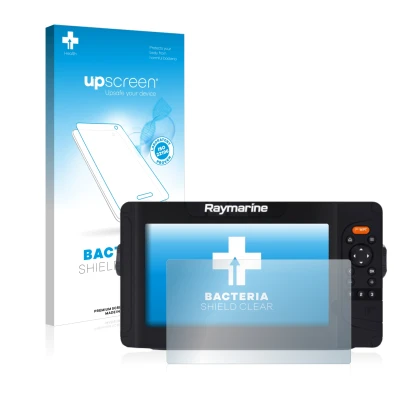 Face avant d’un emballage produit avec le logo de la marque upscreen. À côté, l’appareil Raymarine Element 9 HV est représenté