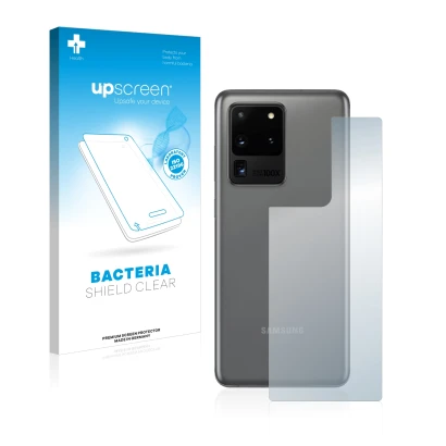 Face avant d’un emballage produit avec le logo de la marque upscreen. À côté, l’appareil Samsung Galaxy S20 Ultra (Arrière) es