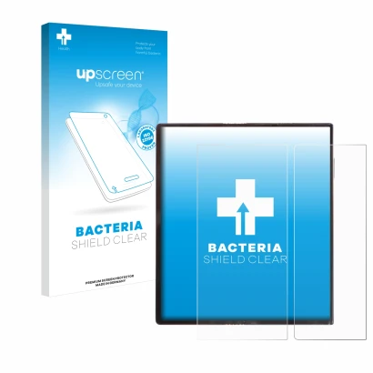 Face avant d’un emballage produit avec le logo de la marque upscreen. À côté, l’appareil Huawei Mate Xs est représenté avec la