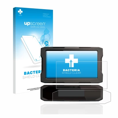 Face avant d’un emballage produit avec le logo de la marque upscreen. À côté, l’appareil Honda CRF1100L 2020 Affichage de la v