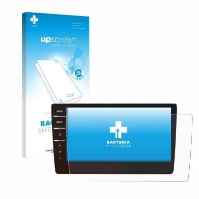 Face avant d’un emballage produit avec le logo de la marque upscreen. À côté, l’appareil Volkswagen Touran 2019 Discover Pro 9