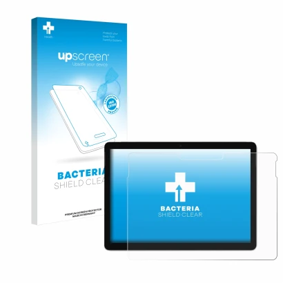 Face avant d’un emballage produit avec le logo de la marque upscreen. À côté, l’appareil Microsoft Surface Go 2 10.5" est repr
