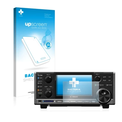 Face avant d’un emballage produit avec le logo de la marque upscreen. À côté, l’appareil Icom IC-R8600 est représenté avec la
