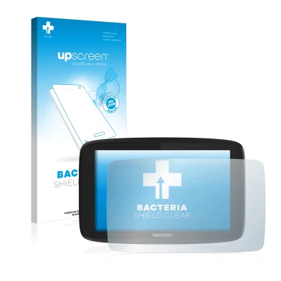 Face avant d’un emballage produit avec le logo de la marque upscreen. À côté, l’appareil TomTom Go Professional 620 est représ