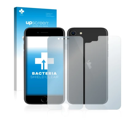 Face avant d’un emballage produit avec le logo de la marque upscreen. À côté, l’appareil Apple iPhone SE 2 2020 (Avant+Arrière