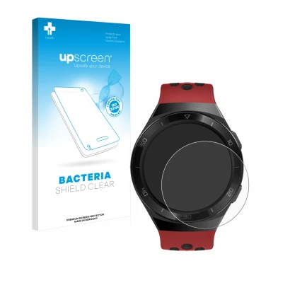 Face avant d’un emballage produit avec le logo de la marque upscreen. À côté, l’appareil Huawei Watch GT 2e est représenté ave