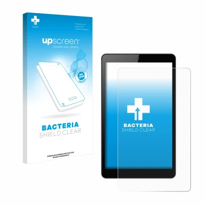 Face avant d’un emballage produit avec le logo de la marque upscreen. À côté, l’appareil Huawei MediaPad M5 Lite 8" est représ