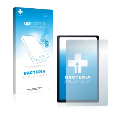 Face avant d’un emballage produit avec le logo de la marque upscreen. À côté, l’appareil Samsung Galaxy Tab S6 Lite 2020 est r