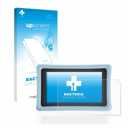 Face avant d’un emballage produit avec le logo de la marque upscreen. À côté, l’appareil Pebble Gear 7" Kids Tablet est représ