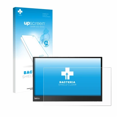 Face avant d’un emballage produit avec le logo de la marque upscreen. À côté, l’appareil Lenovo ThinkVision M14 16:9 est repré